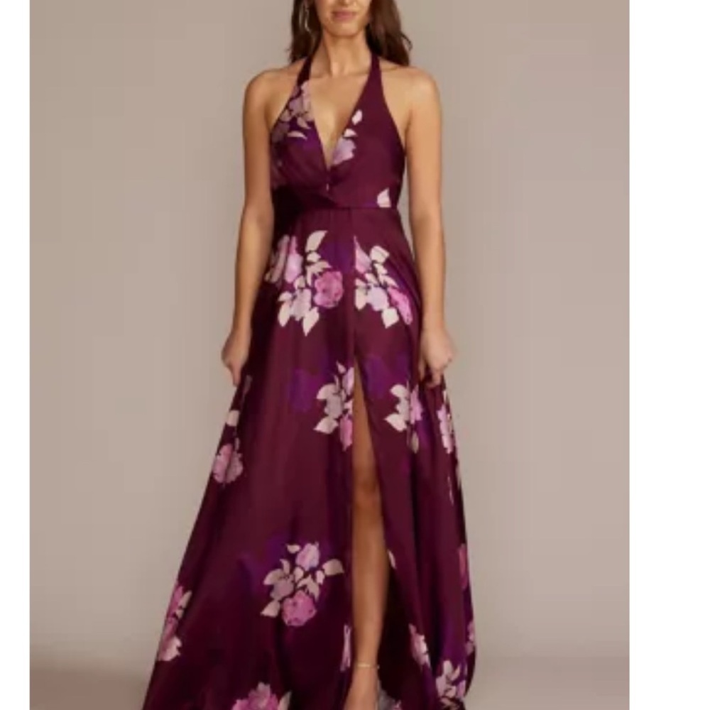 NWT David's Bridal Plum Floral Halter Maxi Dress